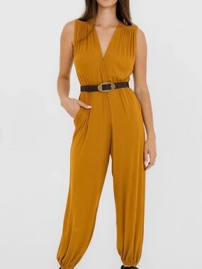 Sleeveless Mustard V-Neck Jumpsuit with Elastic Cuffs